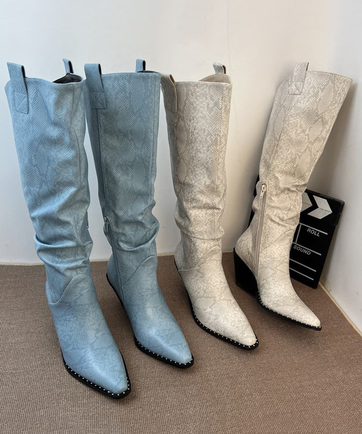 Splicing Chunky Boots Blue Faux Leather Pointed Toe