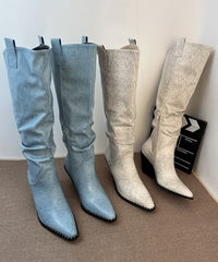 Splicing Chunky Boots Blue Faux Leather Pointed Toe