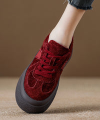 Red Suede Lace Up Splicing Flat Feet Shoes