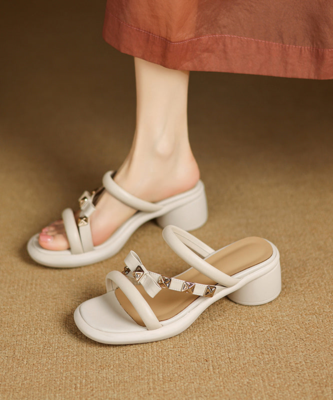 Beautiful Splicing Chunky Black Cowhide Leather Slide Sandals