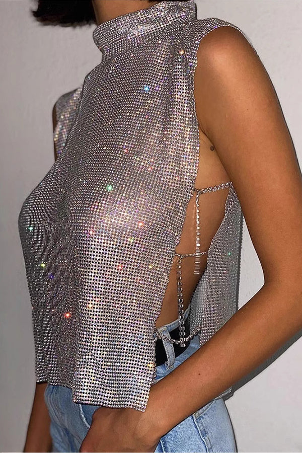 High-neck Rhinestone Metallic Top