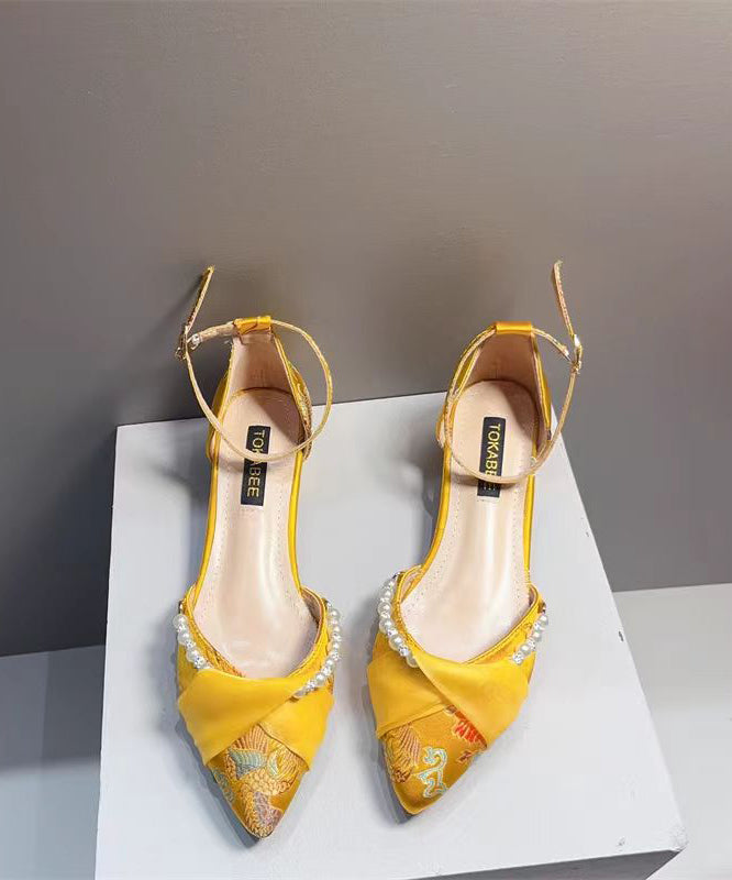 Yellow Embroidered Pearl Chunky Heel Sandals Pointed Toe