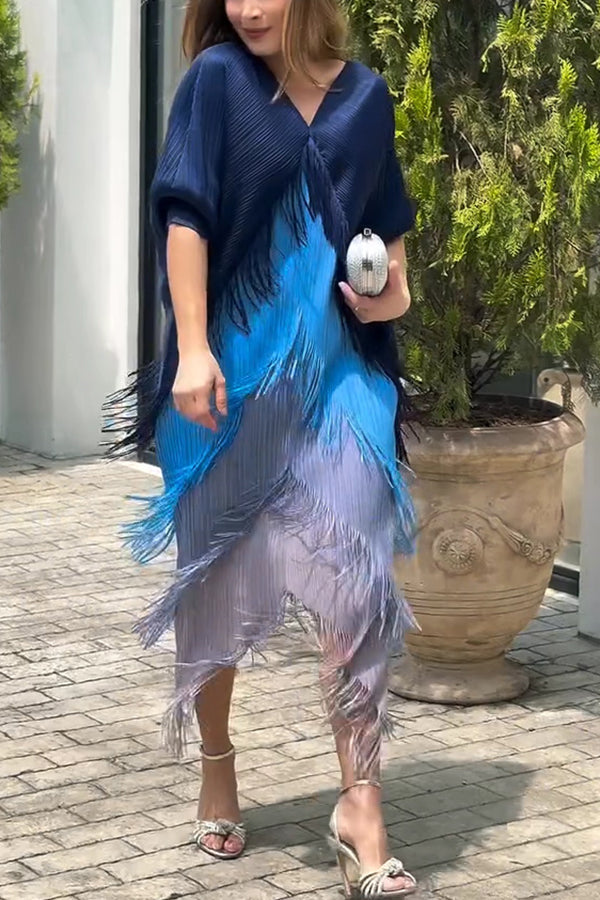 Color-blocked Multi-layered Tassel Loose Midi Dress