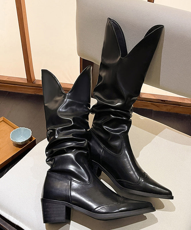 Pointed Toe Wrinkled Black Cowboy Boots Chunky Faux Leather