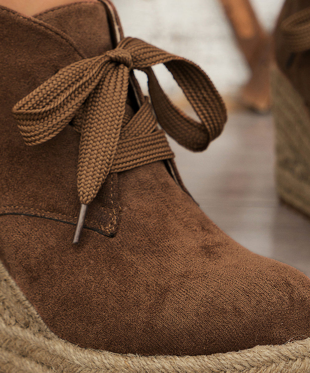 Brown Boots Lace Up Solid Suede Straw Woven Wedge Heels Boots