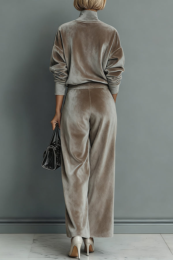 Velvet Turtleneck Long-sleeved Top and Casual Pocket Wide-leg Pants Set