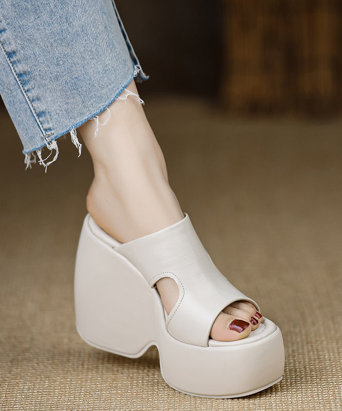 Stylish Wedge Heels Black Cowhide Leather Slide Sandals