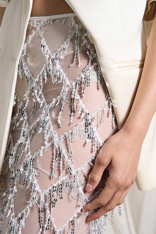 See-through Sequined Tassel Midi Skirt