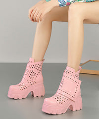 Hollow Out Chunky Boots Khaki Cowhide Leather