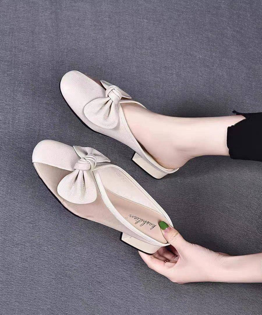 Bow Tulle Splicing Chunky Yellow Cowhide Leather Slide Sandals