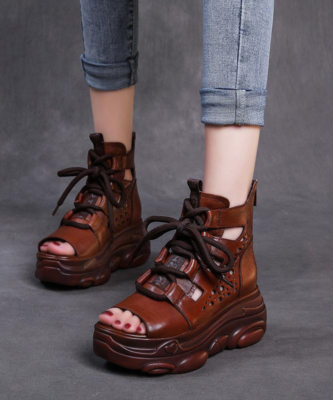 Vintage Brown Wedge Faux Leather Lace Up Sandals