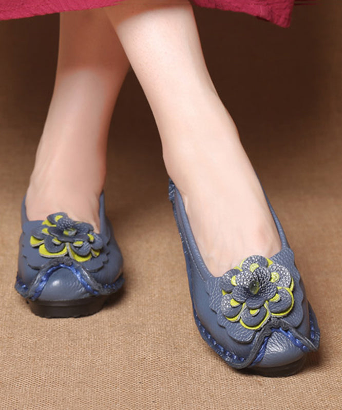 Navy Faux Leather Flower Splicing Flat Feet Shoes