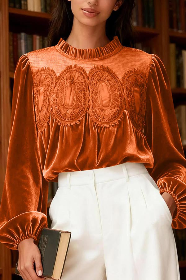 Velvet and Lace Patchwork Loose Long-sleeved Top