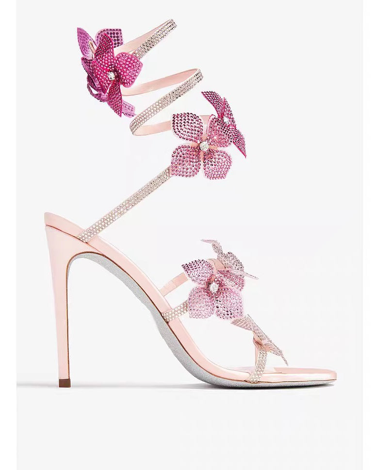 Sandals Stiletto Faux Leather Boutique Splicing Floral Zircon