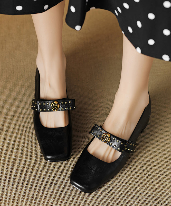 Bow Rivet Splicing Chunky Loafer Shoes Black Sheepskin