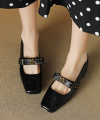 Bow Rivet Splicing Chunky Loafer Shoes Black Sheepskin