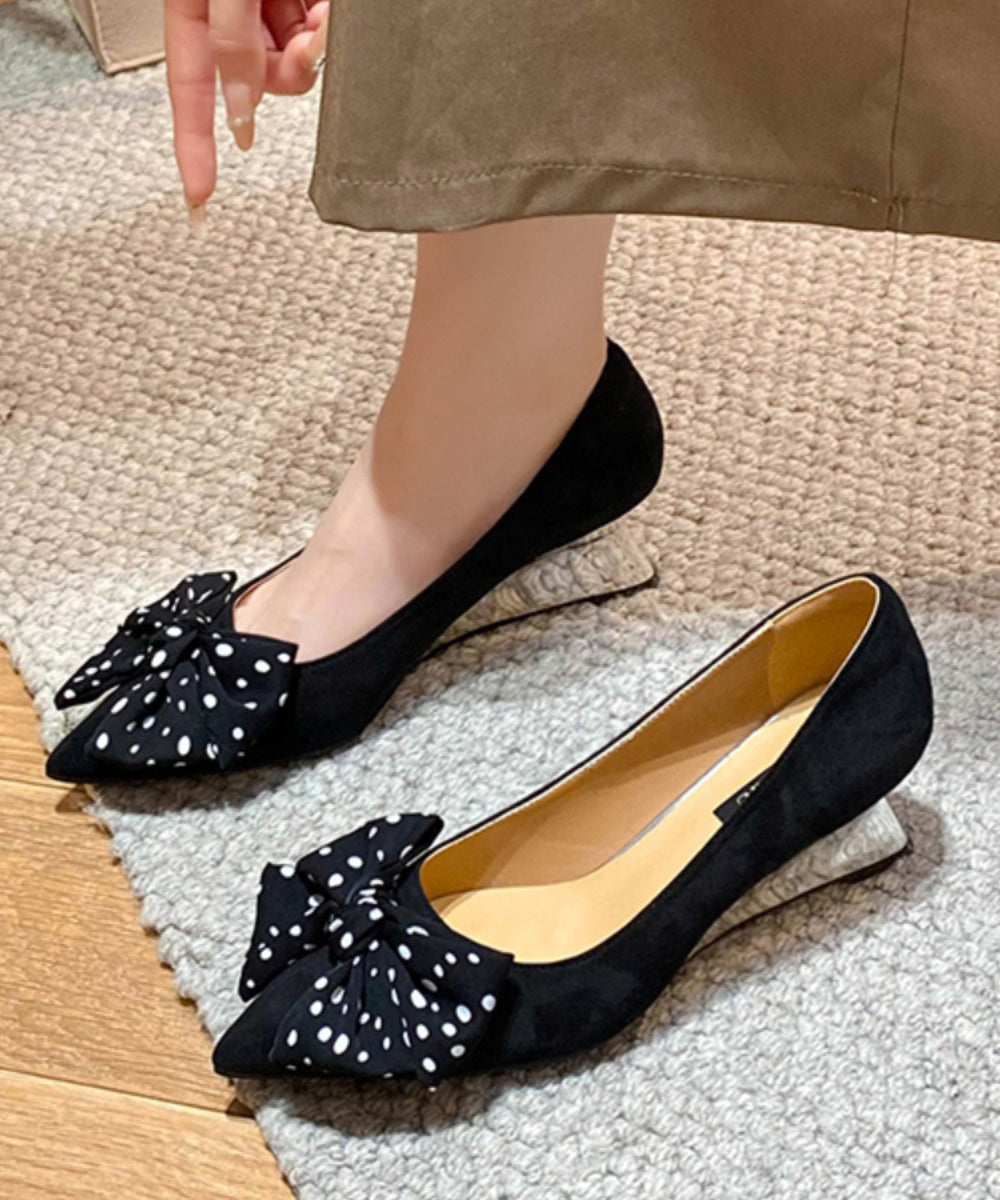 Bow Splicing Wedge Shoes Black Suede Pointed Toe
