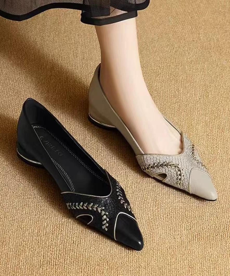 Elegant Splicing Flat Feet Shoes Black Faux Leather Pointed Toe