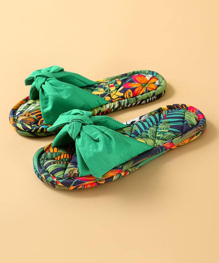 Comfy Splicing Bow Slippers Shoes Green Cotton Fabric