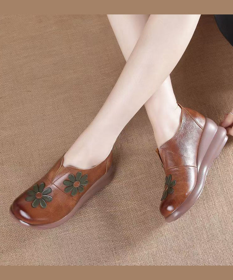 Vintage Brown Cowhide Leather Wedge Heels Shoes Splicing Floral