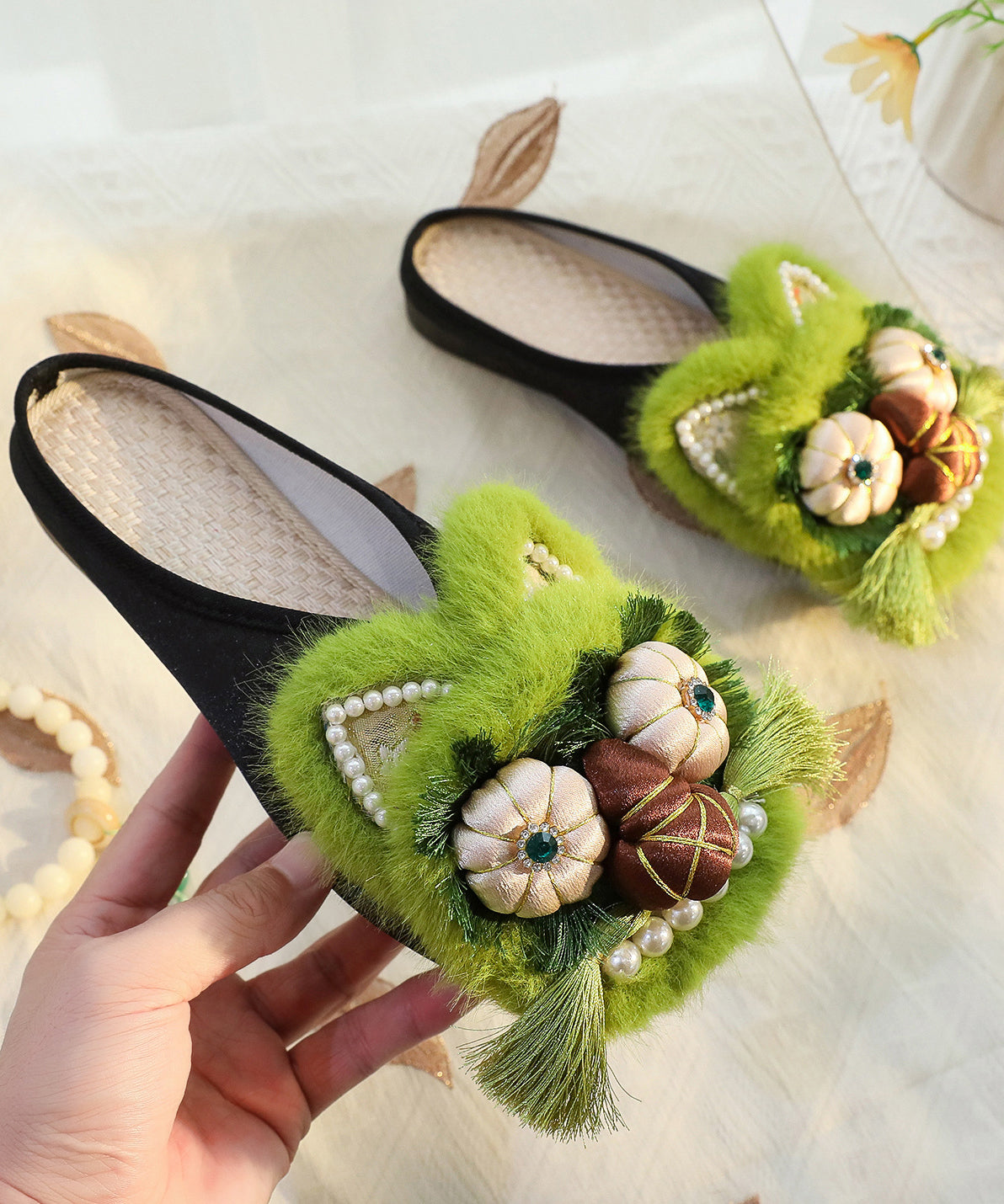 Green Cotton Fabric Slippers Shoes Nail Bead