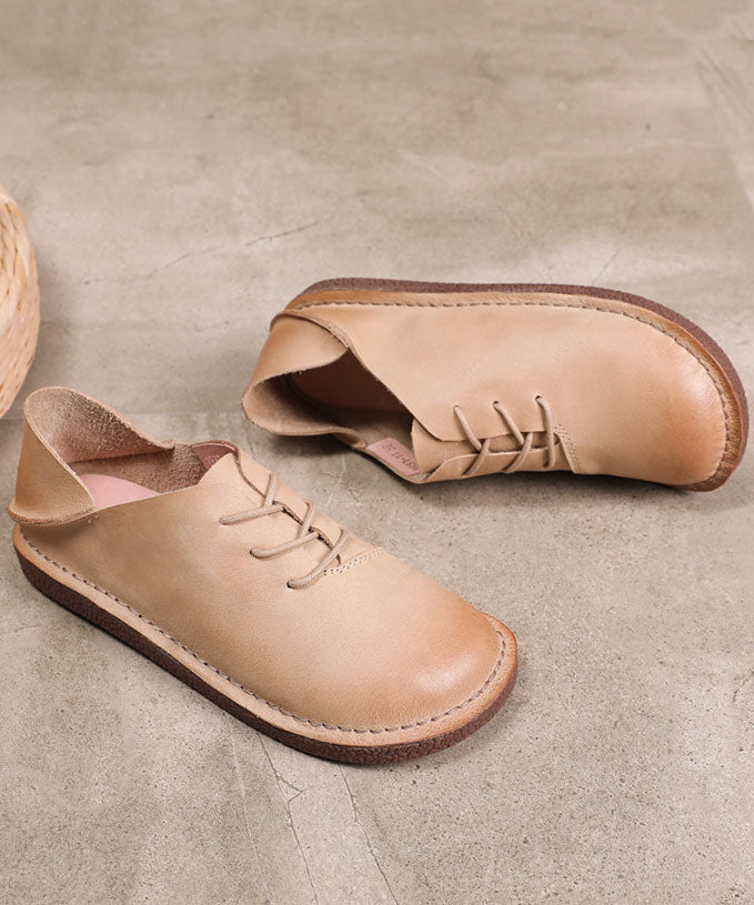 Coffee Cowhide Leather Flats Lace Up Flats