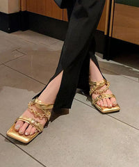 Stylish Splicing High Heel Gold Cowhide Leather Slide Sandals