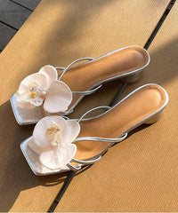 Pink Floral Splicing Chunky Slide Sandals Peep Toe