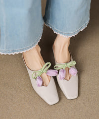 French Pink Cowhide Leather Splicing Floral Slide Sandals