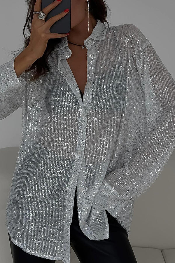 Sequin Lapel Long Sleeve Loose Shirt