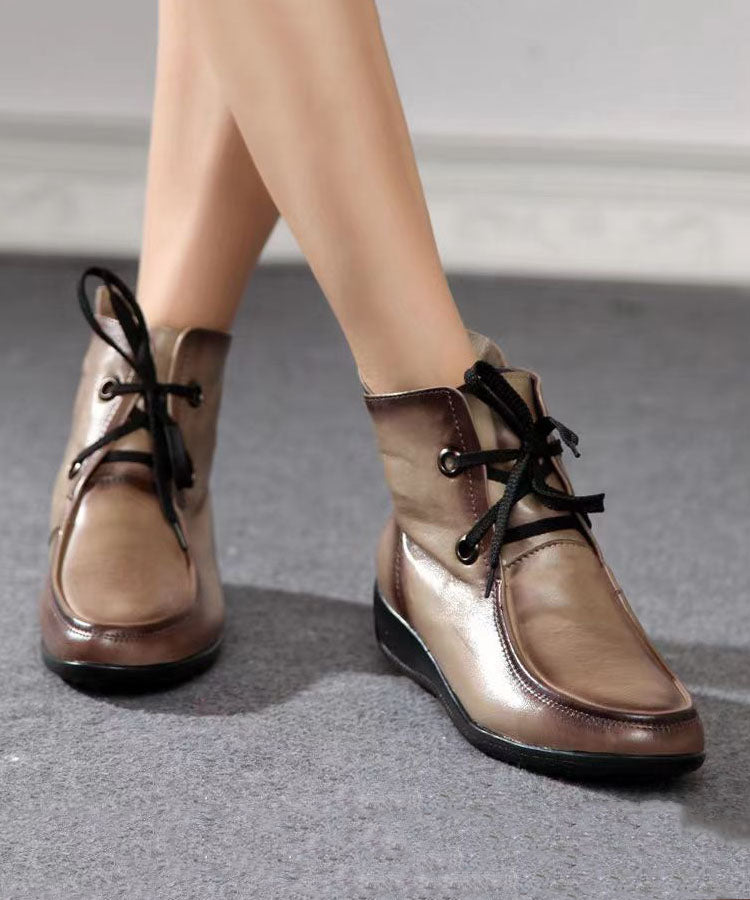 Simple Lace Up Splicing Wedge Boots Coffee Cowhide Leather