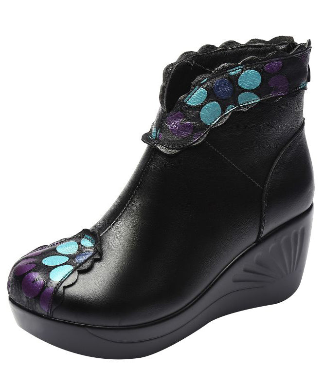 Splicing Wedge Boots Blue Floral Cowhide Leather