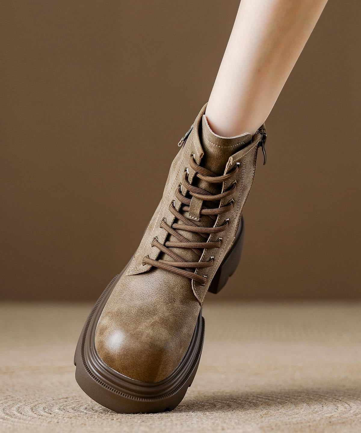 Brown Platform Cowhide Leather Splicing Boots Lace Up