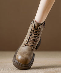 Brown Platform Cowhide Leather Splicing Boots Lace Up