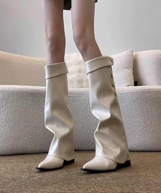 White Wedge Cowhide Leather Chic Splicing Boots Pointed Toe
