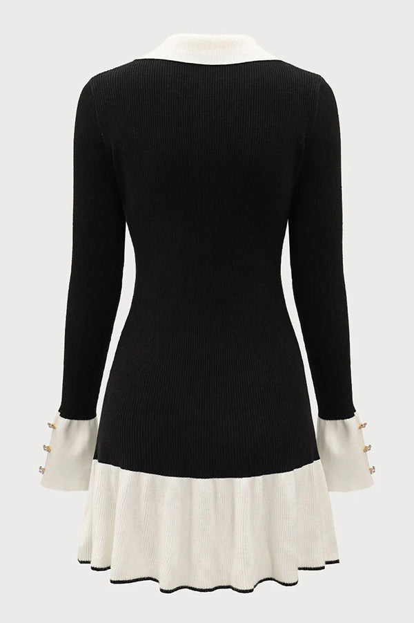 Color-blocked Long-sleeved Button-decorated Knitted Mini Dress
