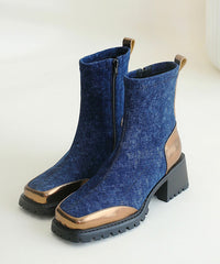 Beautiful Blue Cowhide Leather Splicing Chunky Boots