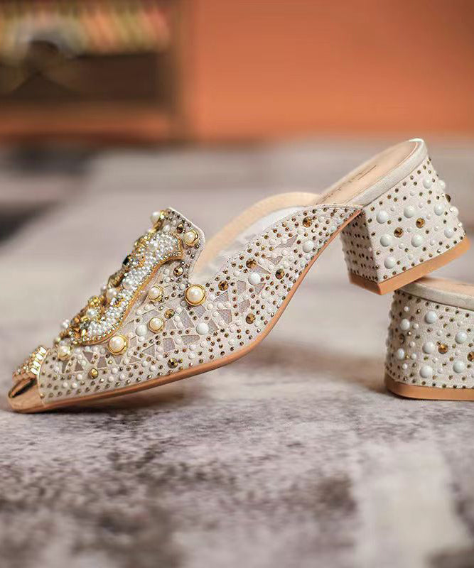 Black Zircon Chunky Heel Pointed Toe Slide Sandals