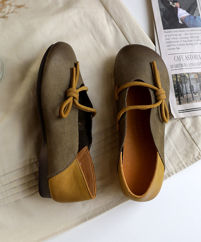 Green Cowhide Leather Flat Shoes For Unique Splicing Soft Flat Feet Shoes