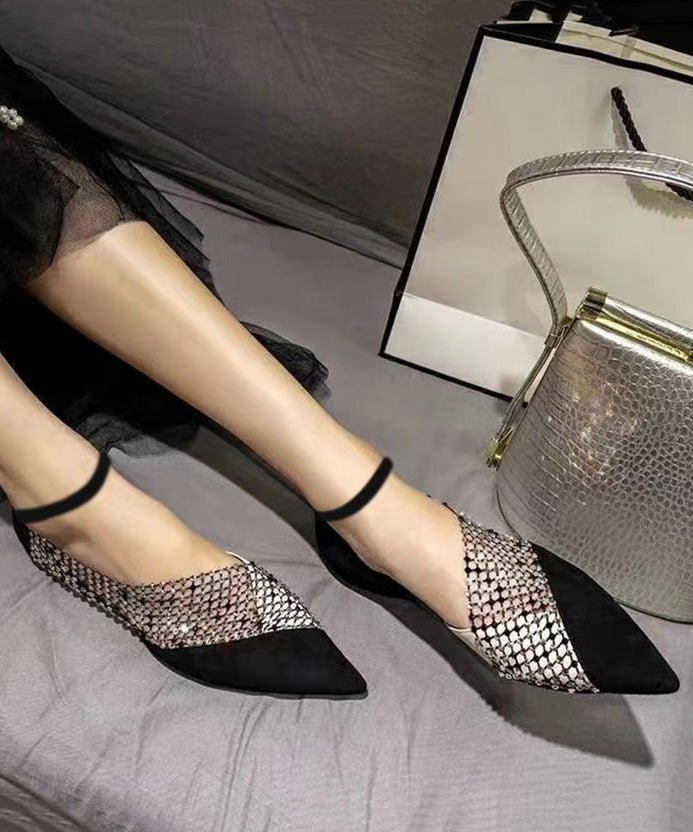 Black Flat Feet Shoes Suede Pointed Toe Splicing Zircon