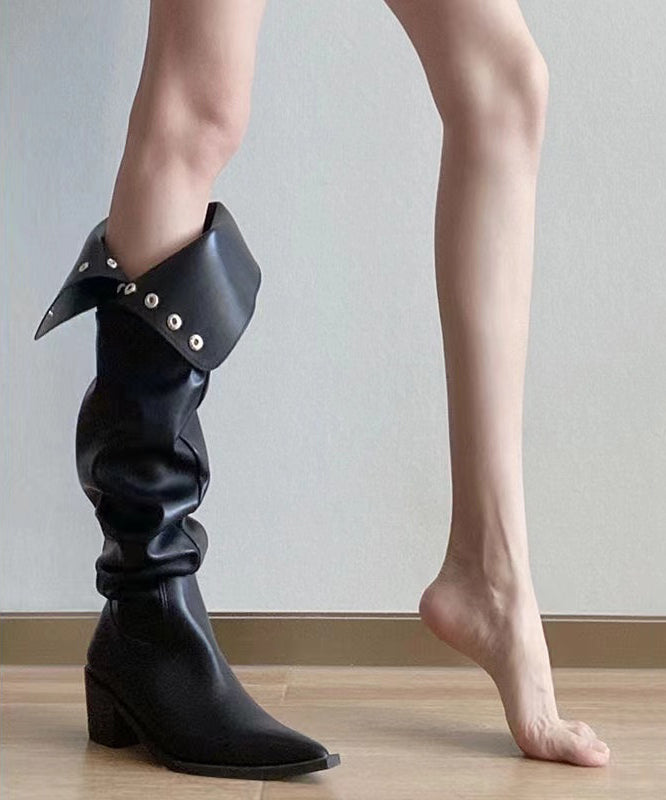 Splicing Chunky Knee Boots Black Faux Leather