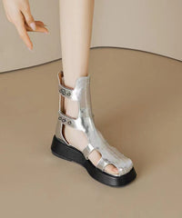 Hollow Out Platform Sandals Boots Black Cowhide Leather