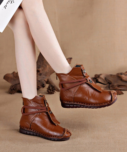 Handmade Comfortable Cowhide Leather Splicing Brown Boots