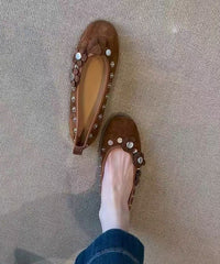 Brown Suede Floral Rivet Splicing Flat Shoes For Women