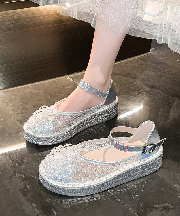 Silver Buckle Strap Splicing Platform Shoes Breathable Mesh