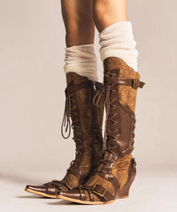 Boho Denim Splicing Lace Up Wedge Boots Brown Cowhide Leather