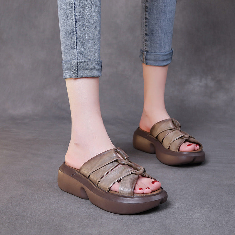 Retro Leather Casual Wedge Slippers For Women