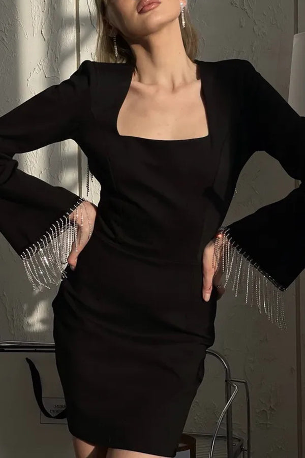 Fringed Square Neck Bell Sleeves Hollow Back Mini Dress