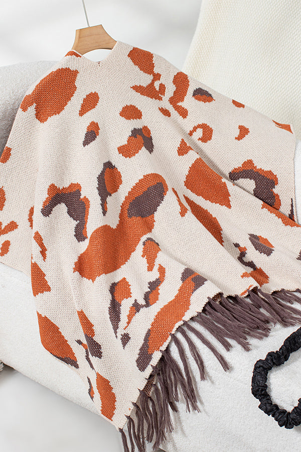 Leopard Print Contrast Tassel Hem Loose Knitted Shawl