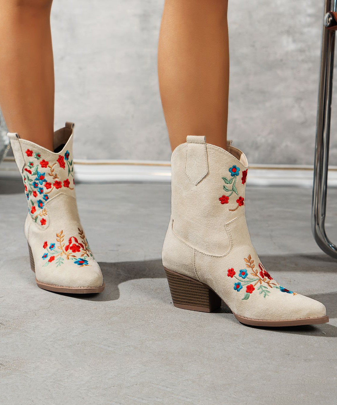 White Embossed Boots Suede Pointed Toe Ankle Boots